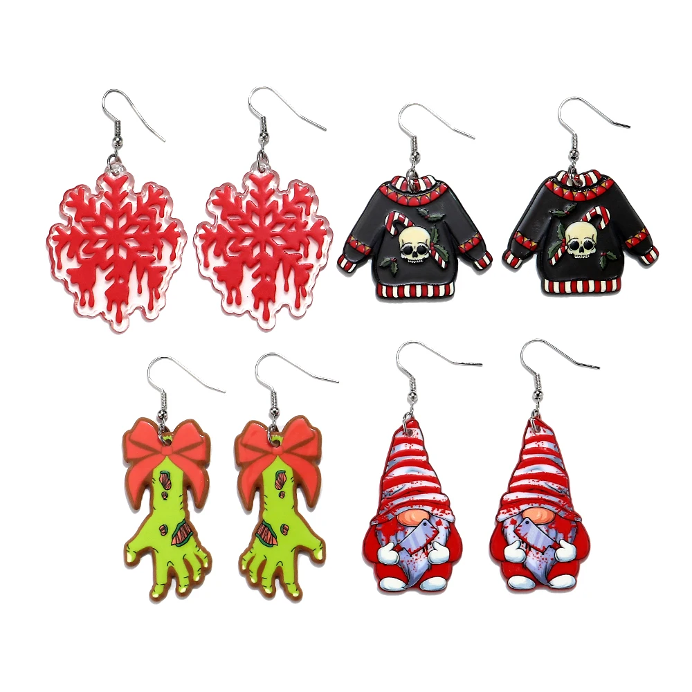 Gothic Christmas Acrylic Earrings Horror Gnome Snowflake Monster Hand Skull Sweater Dangle Earrings Spooky Xmas Party Jewelry
