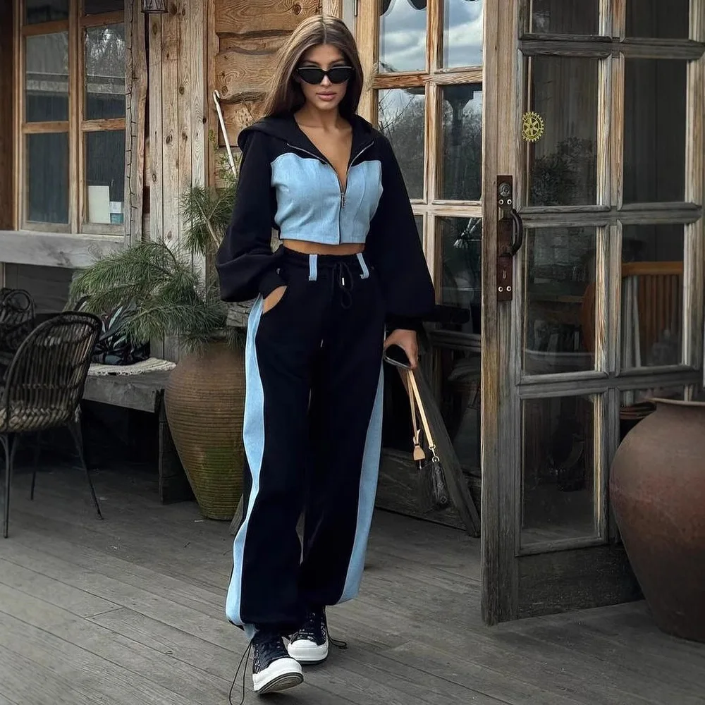

Women's Casual Fashion Short Sweatshirt Denim Patchwork Hooded Top Trousers Two-piece Suit Ensemble Femme 2 Pièces