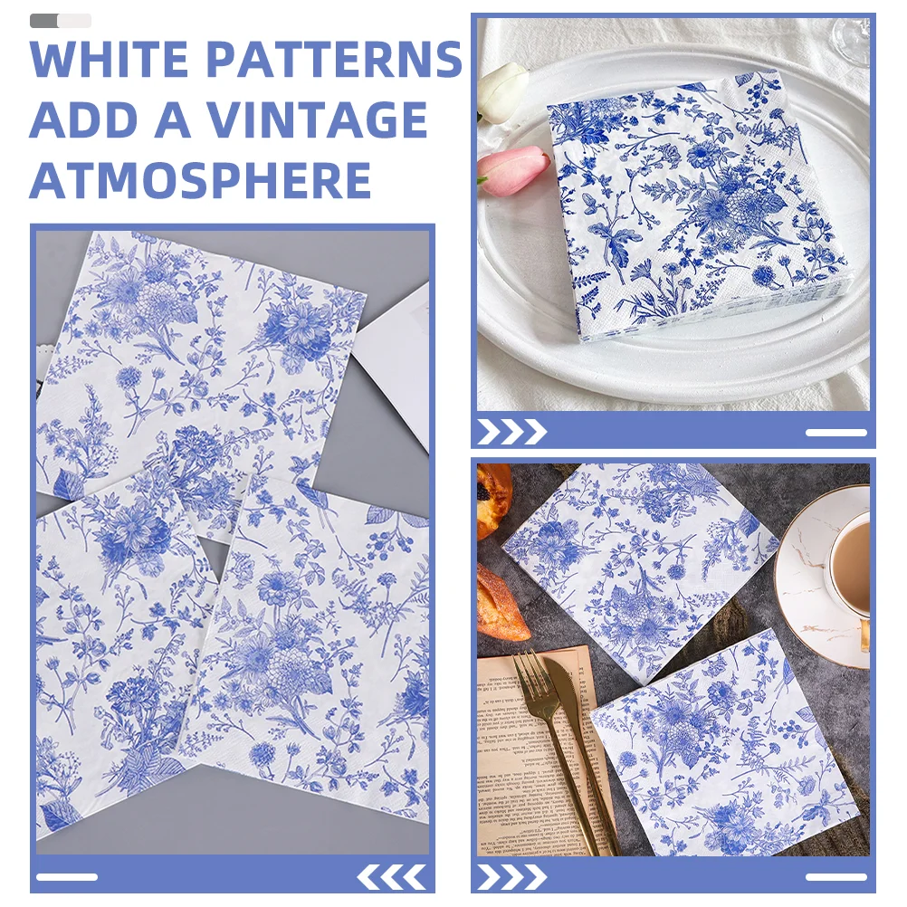 100 Pcs Retro Blue and White Porcelain Table Napkins Vintage Floral Household Paper Dinner Coffee Flower Bride Banquet Toilet