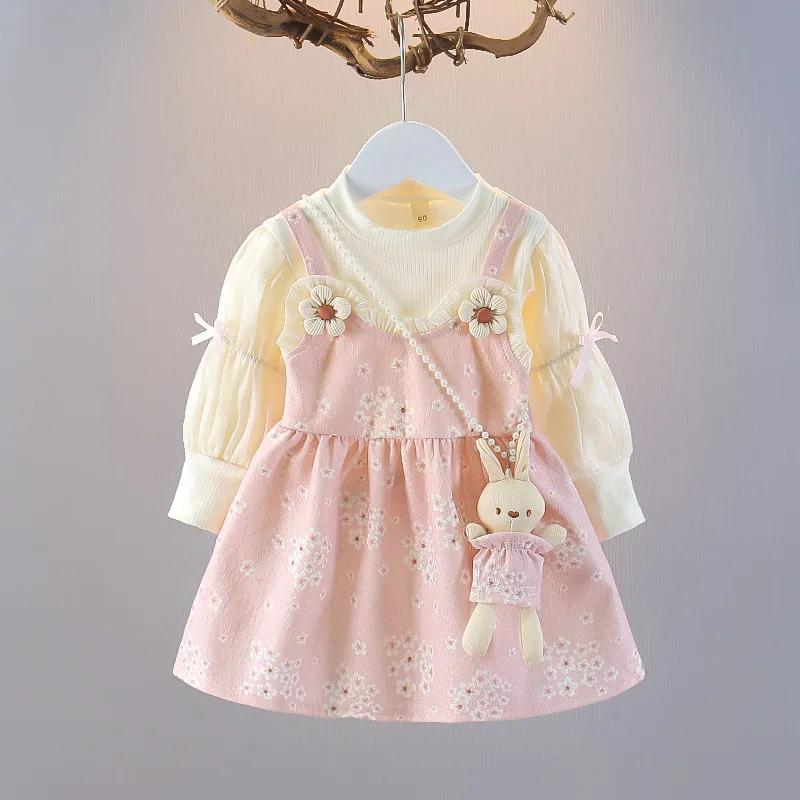 

2025Girls Floral Print Dress 2-piece Set Spring Autumn Baby Toddler Dress With Bunny Accessories Fashion Outfit