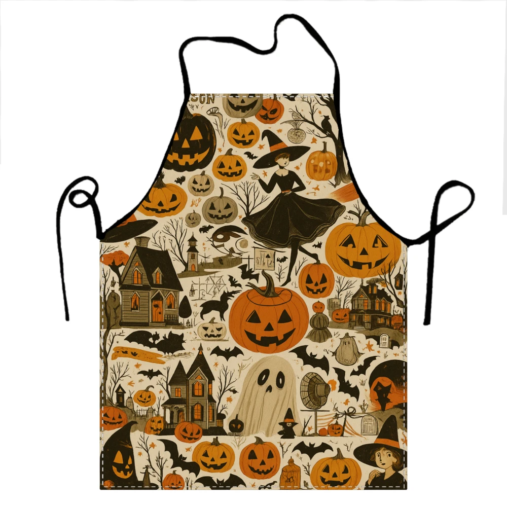 Vintage Halloween Pumpkin Witch Bat Castle Print Apron Black Cat Apron For Cooking BBQ Candy Making Or Adults
