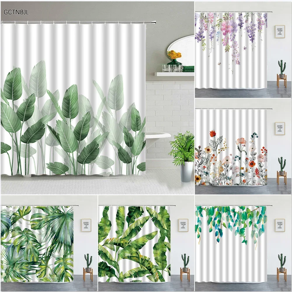 

Green Leaf Print Shower Curtain Set Bathroom Curtain Waterproof Fabric Plant Durable Polyester Bath Screen cortina de la ducha