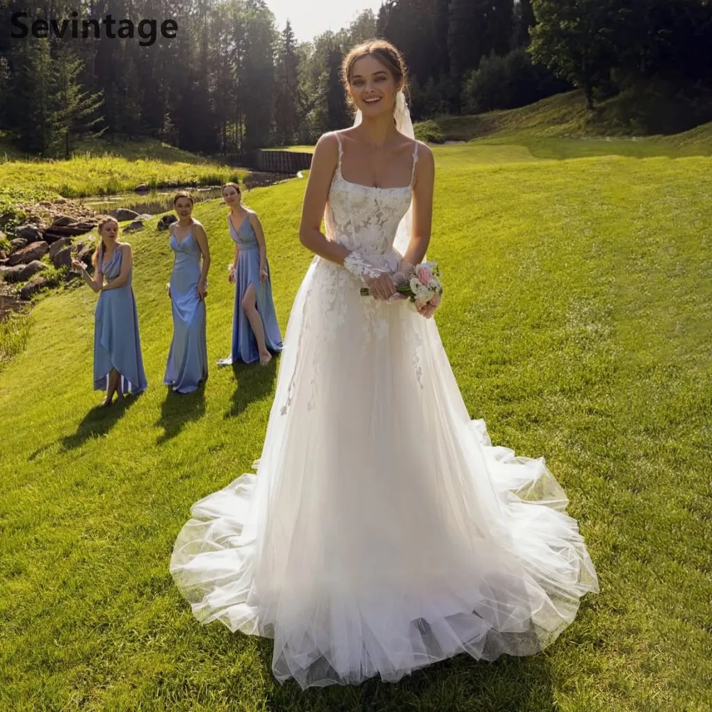 Sevintage 2026 Ivory Spaghetti Straps Wedding Dress 3D Floral Lace A Line Tulle Bridal Gown Long Train Garden Wedding Customized
