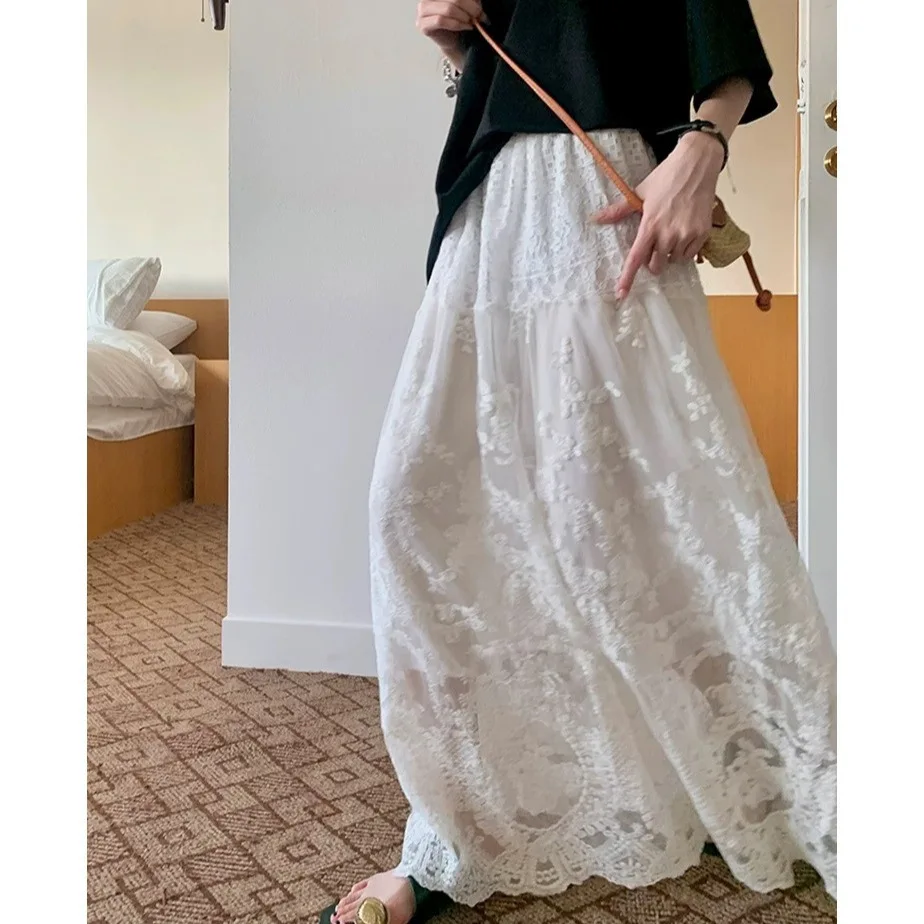 Women's Elegant White Lace Maxi Skirt, Elastic Waist Floral Embroidered Flowy A Line Long Skirt, Casual Summer Vacation Wear
