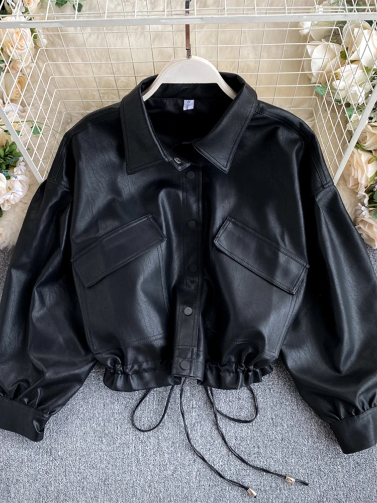 Women Black Gothic Leather Jacket Coat Motorcycle Jacket Fashion Streetwear Korean Vintage Shearling Outerwear Emo 2000s Clothes