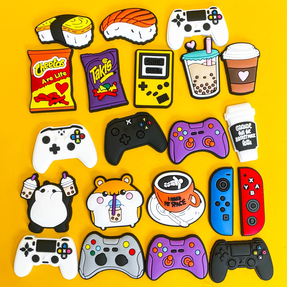 1 stücke Gamepad Snacks Schuh Charms Takis Chettos Schuh Zubehör Kaffee Boba Tee Clog Pins Spiel Controller Schuh Dekorationen