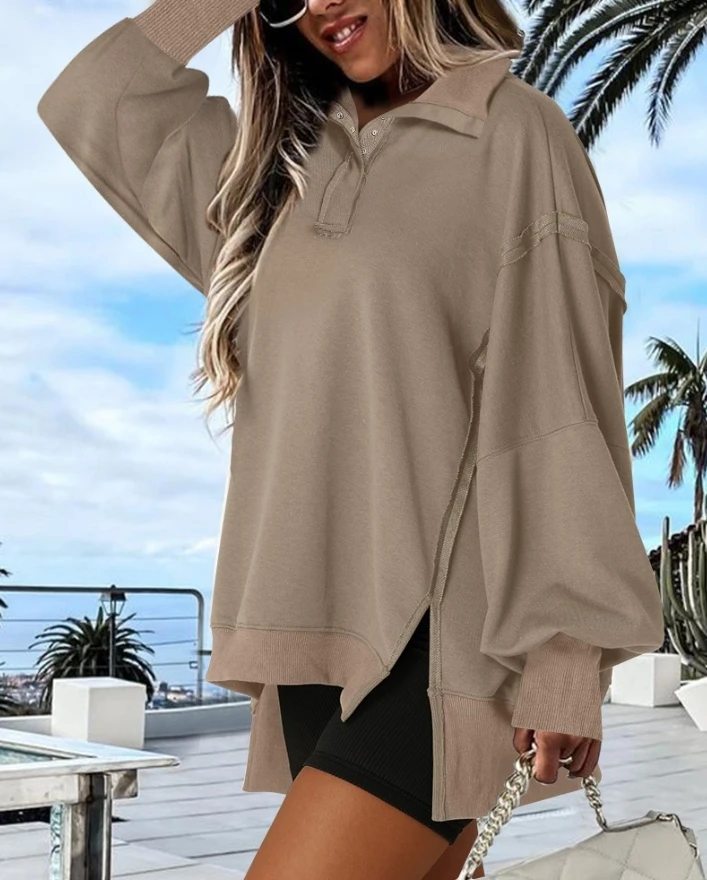 

Women's Oversized Sweatshirt Exposed Seam Half Polo Collar Long Sleeve Side Slit Dip Hem Pullover Loose Tops Sweater Woman