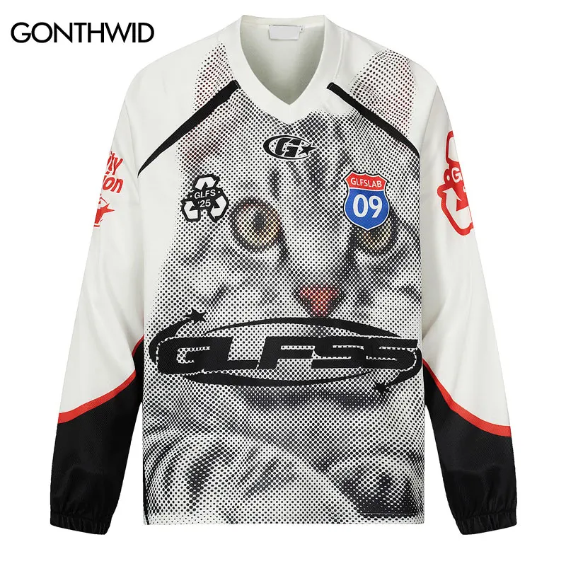 

Men Vintage T-Shirt Y2K Grunge Cat Graphic Printed Patchwork Sports Tshirt Harajuku Casual Loose Long Sleeve Shirts Streetwear