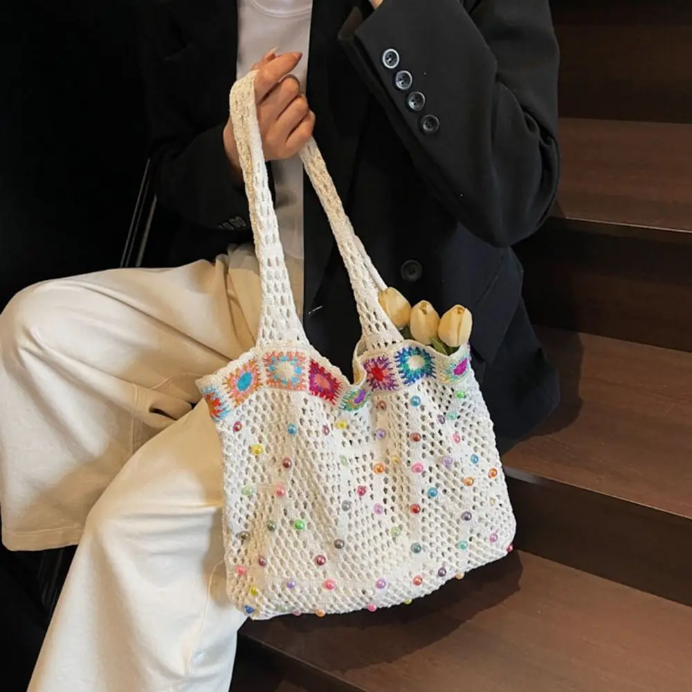 

Korean Style Knitting Shoulder Bag Contrast Color Hollow Out Crochet Tote Bag Versatile Solid Color Casual Woven Handbag Travel