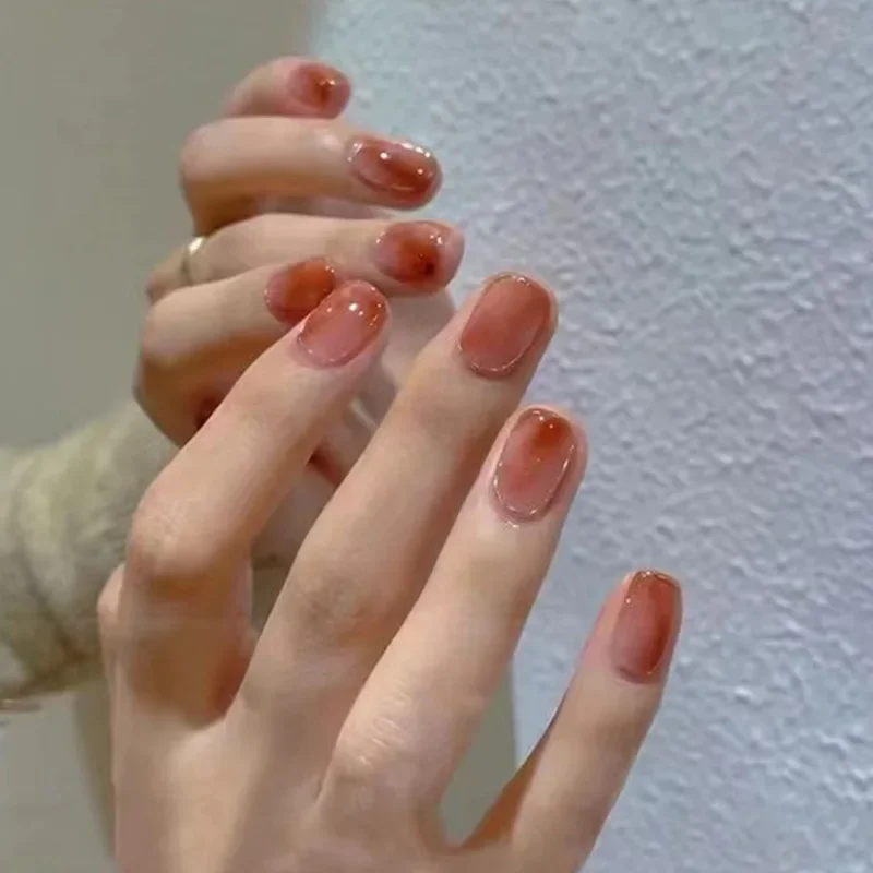 24 ชิ้น/เซ็ตสั้นบาง Blue Gradient Smudge เล็บปลอม Shining Fragment กดบนเล็บเคล็ดลับ Art อะคริลิคที่ถอดออกได้เล็บปลอม