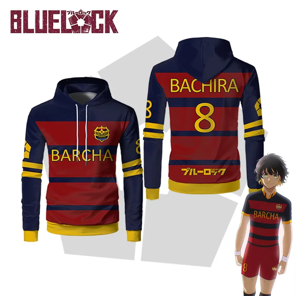 

Blue Lock Anime FC Barcha Team Uniforms Hoodie BACHIRA Long sleeved Football Sweatshirt Men and Women Sports Breathable Tops