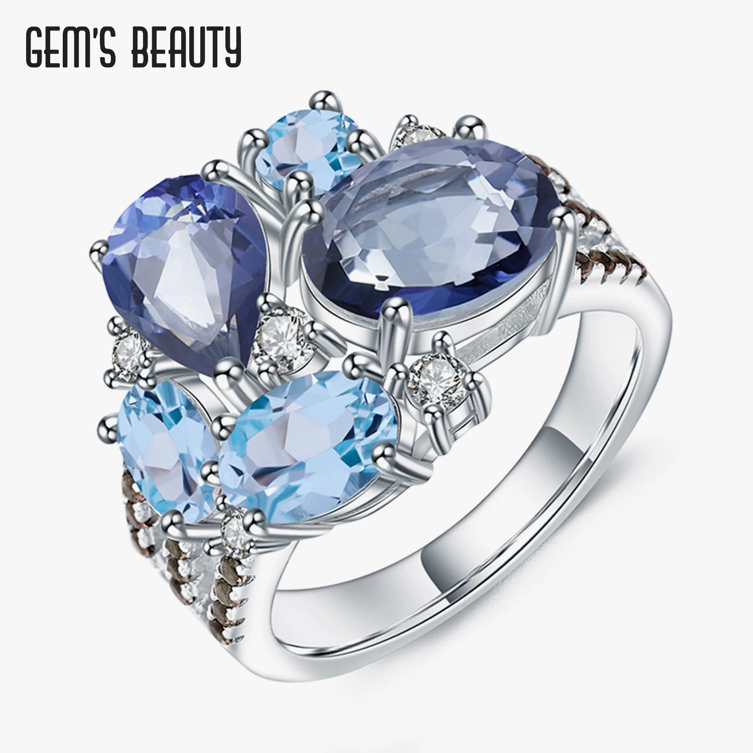 

GEM'S BEAUTY Created Swiss Blue Topaz Mystic Quartz Gemstone Ring For Women Solid 925 Sterling Silver Luxury Fine Jewelry