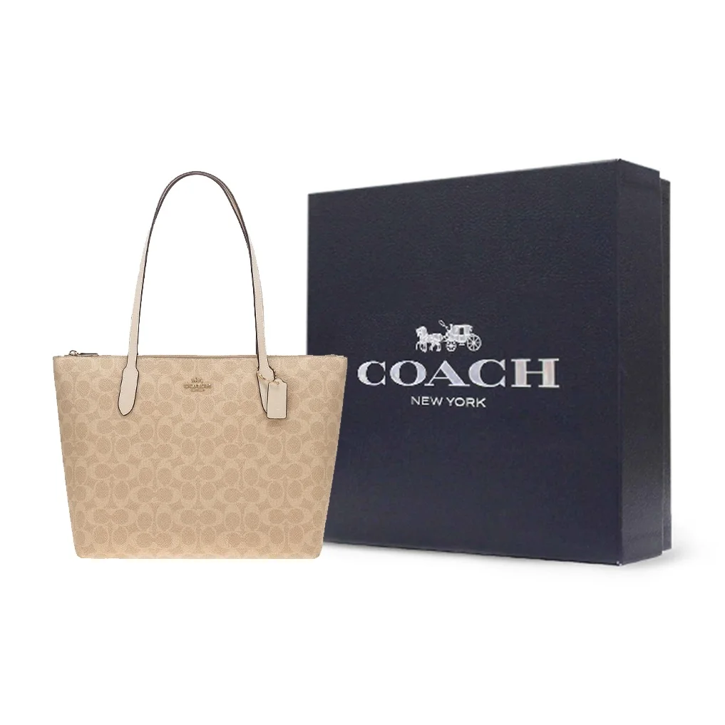 COACH Zip Top Tote Artificial Leather Tote Bag, Shopping Bag, Handbag, Shoulder Bag Large Women's Beige CBT20-IMXDM
