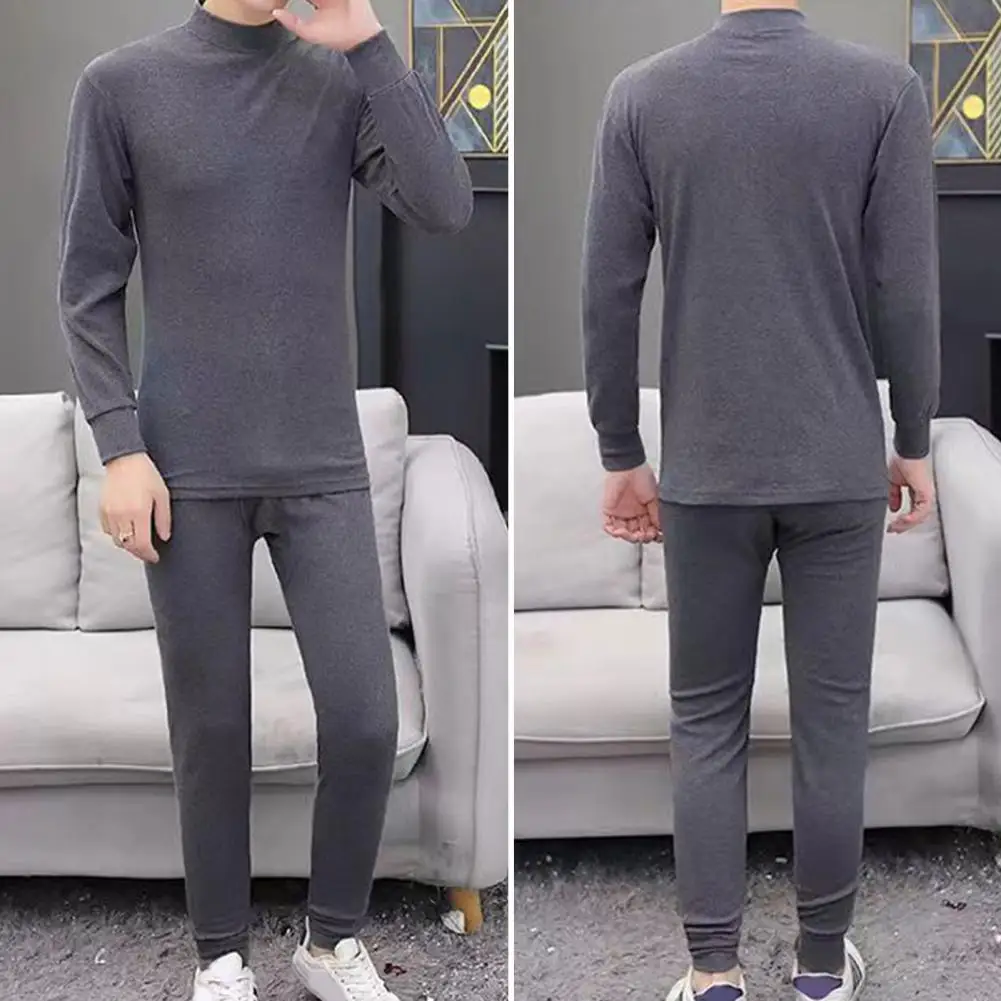 2 Pcs/Set Winter Men Thermal Underwear Set Round Neck Long Sleeve Warm Thick Plush Large Size Slim Pajamas Set Homewear Clothing