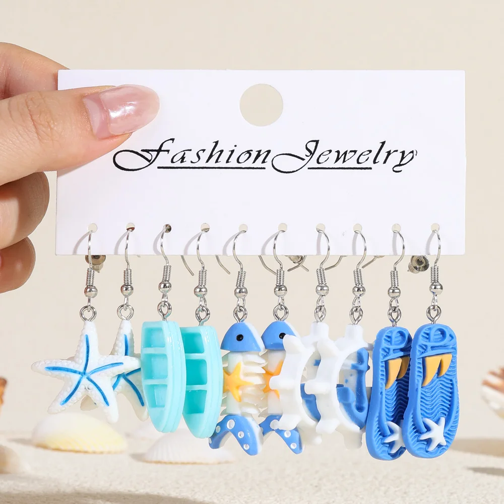 30pcs Summer Dopamine Ocean Resin Earrings Set Starfish Crab Sailboat Swim Ring Drop Earrings