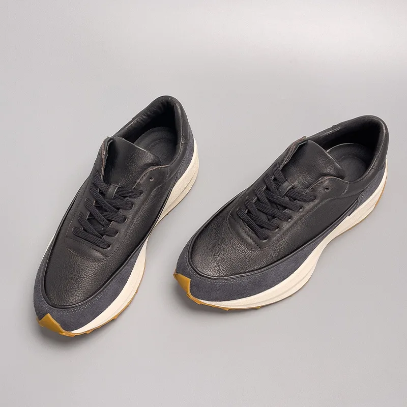 European Market Men's Retro Running Shoes, Chunky Sole Minimalist Sneakers Handmade Black Genuine Top Grain Leather Cortez Style