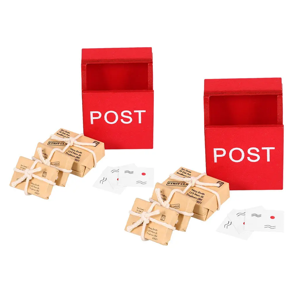 2Sets Wooden Miniature with Mail Sack Postcard Set Dollhouse Home Decoration Realistic Educational Play Learning