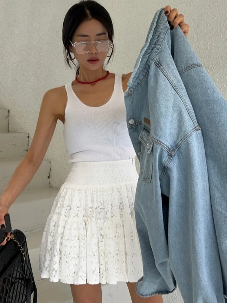 

Шикарная летняя милая вышитая кружевная юбка трапециевидной формы с эластичной резинкой на талии для женщин, универсальная юбка с высокой талией Fem Apparel