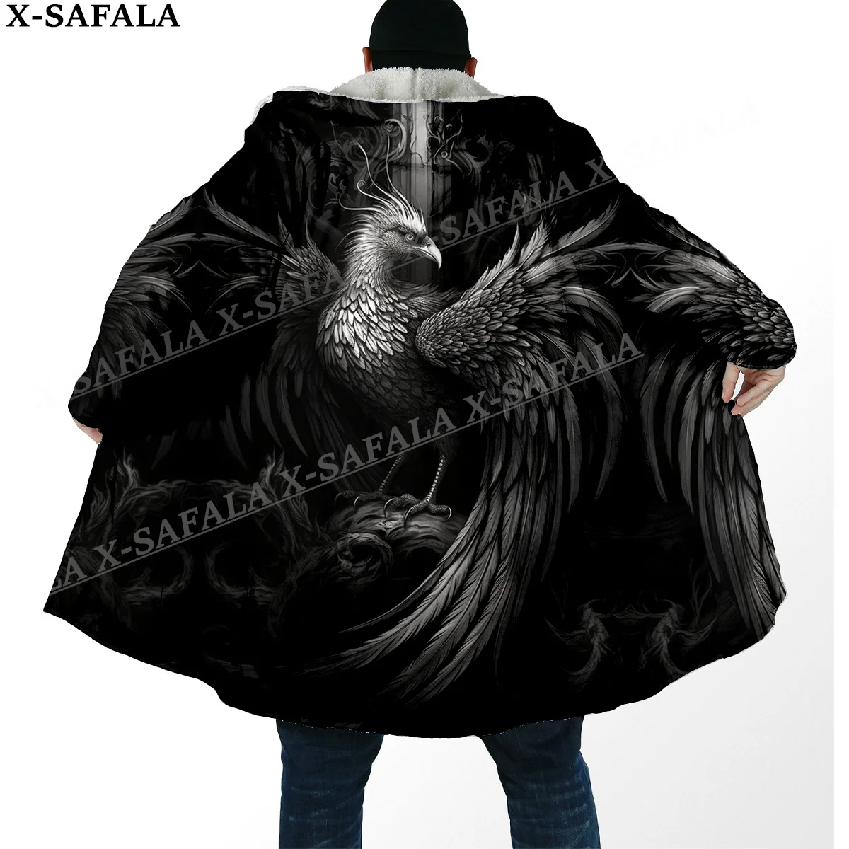 Mythical Phoenix Myth Fire Phoenix Print Thick Warm Hooded Cloak Men Overcoat Coat Windproof Fleece Cape Robe Hooded Blanket-5