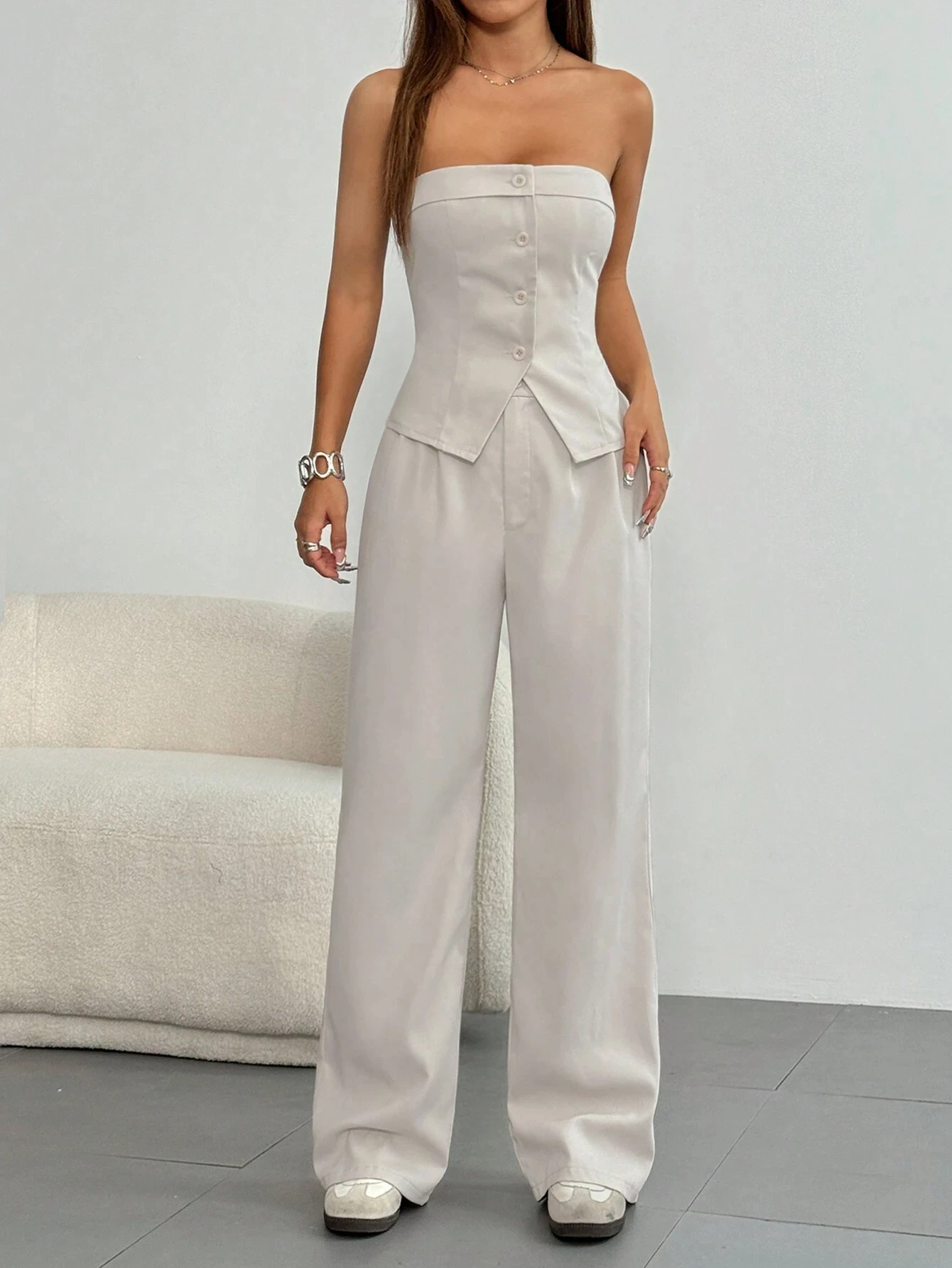 Women's Solid Button Front Tube Top & Wide Leg Pants Two-piece Set, Casual Fashion Cozy Top & Trousers for Daily Outdoor Wear, L