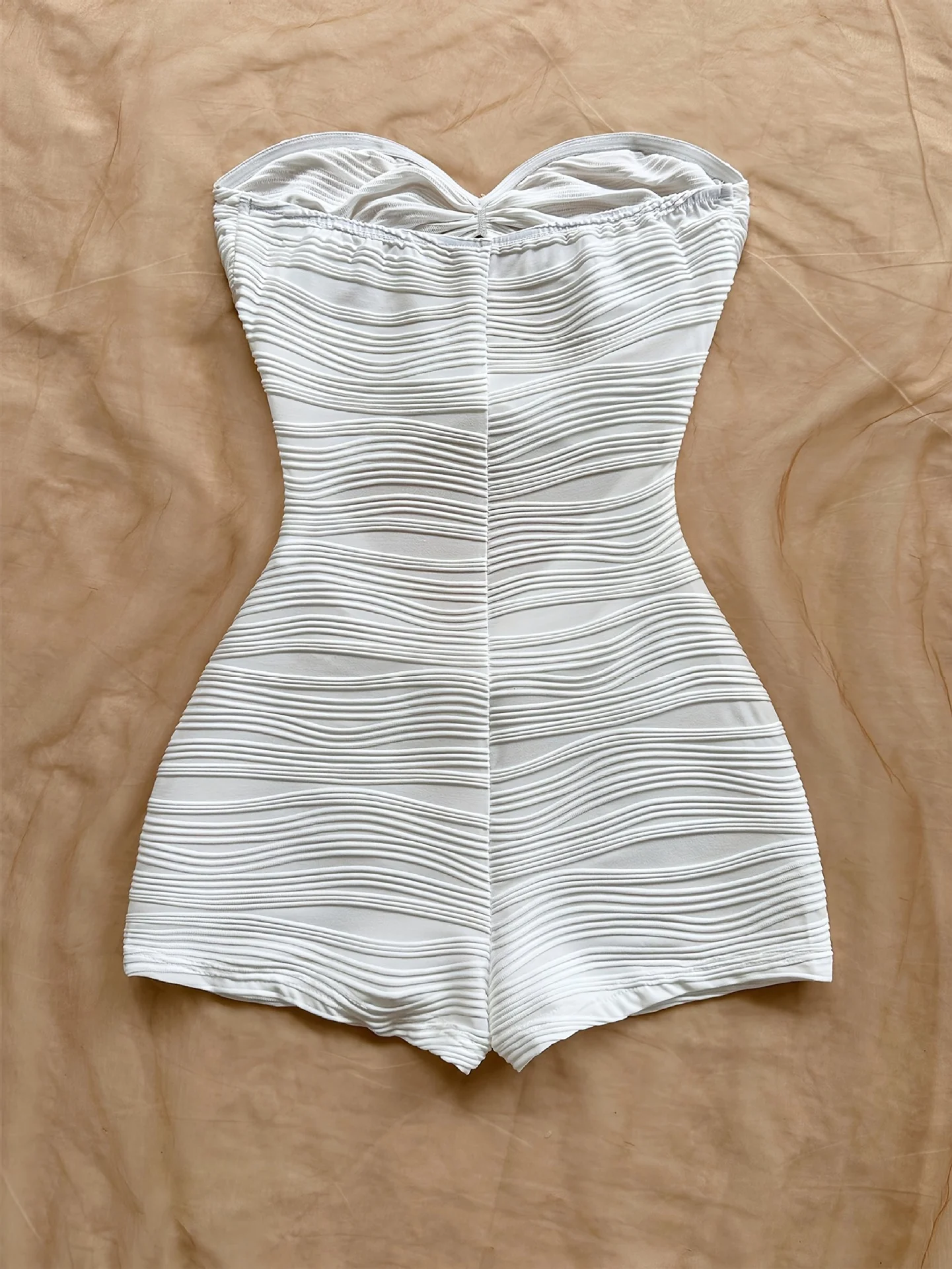 Summer White Bodycon Romper, Strapless with Sun Metal Accents