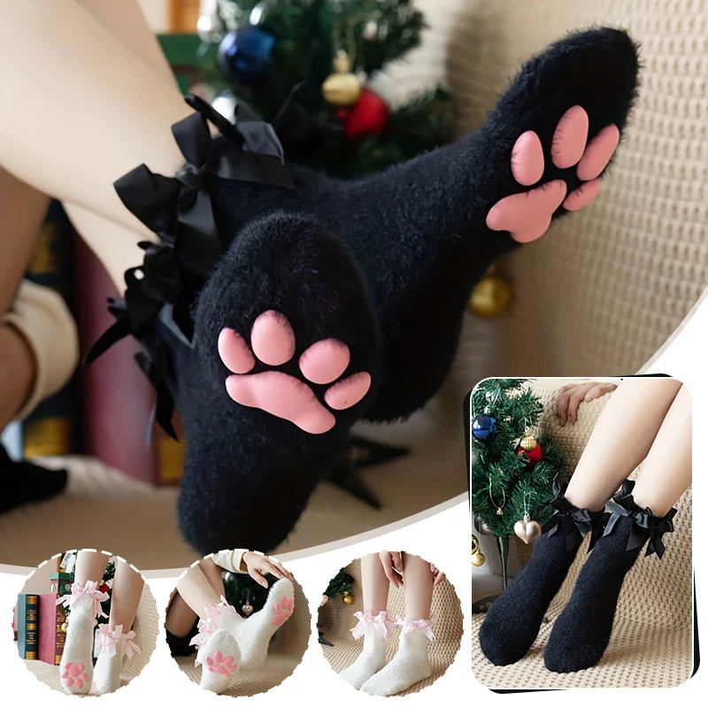 

Women's Warm Fuzzy Socks Plush Cat Paw with 3D Bow, Soft Thermal Fluffy Socks for Stage Performance, Lolita Cosplay Dance