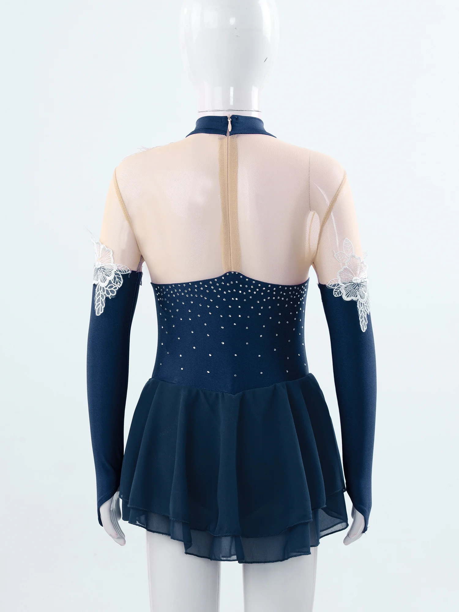 Robe de Patinage Artistique pour Enfant Fille, Applique de Fleurs, Strass, Ballet, Justaucorps, Maille Transparente, Costume de Compétition de Salle de Bal