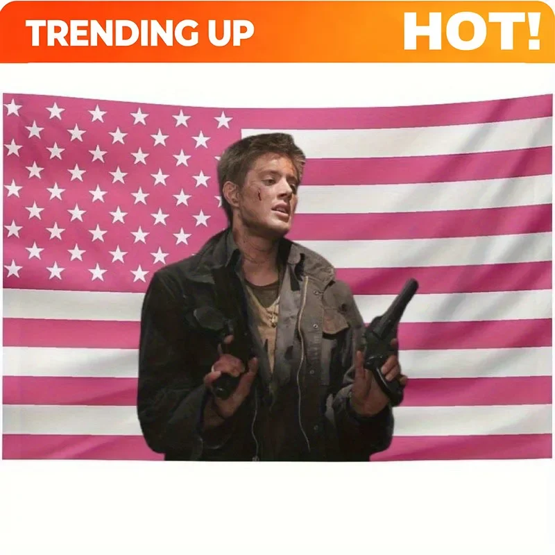 Customization Supernatural Jensen Ackles Dean Winchester Pink US Flag Tapestry | Bold Print, Eye-Catching Dorm Decor, Perfect Pa