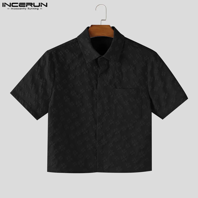INCERUN Men Shirt Flower Printing Lapel Short Sleeve Loose Casual Crop Tops Men Streetwear Summer Korean Style Fashion Shirts