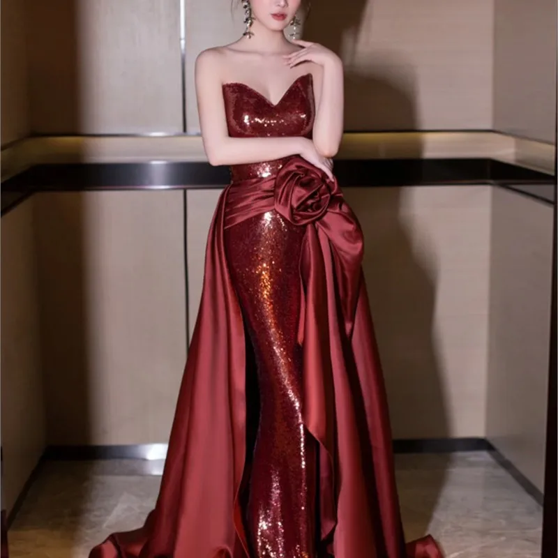 High Quality |TOAST Clothing New Wine Red Light Luxury Banquet Niche Host Strapless Women Dress