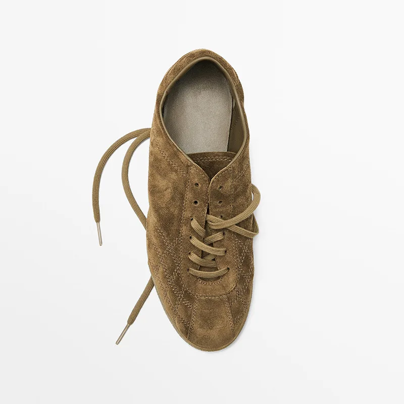 Withered Nordic Minimalist Women's Shoes Leather Flat Brown Round Toe Lace Up Casual Sports Shoes Retro German Training Shoes