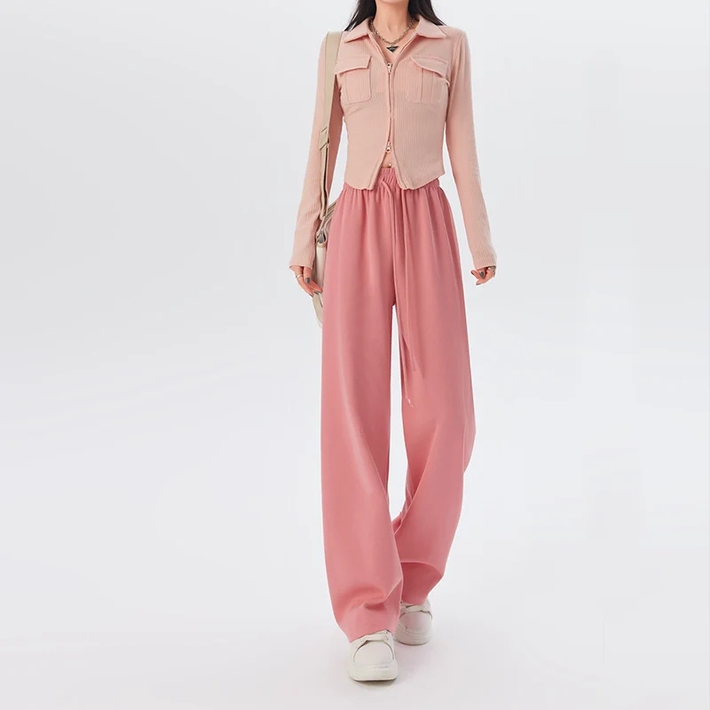 Spring Autumn Women Long Pants Casual Wide leg Elastic Waist Female Straight Knitted Trousers Fashion Sports Pants Loose Pants