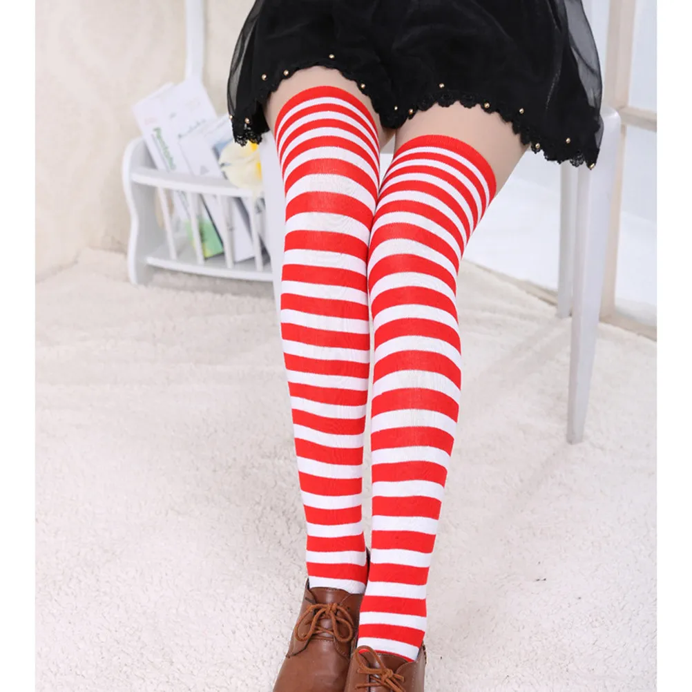 Knee High Stockings Women One Size Red and White Striped Long Socks for Cosplay Fancy Dress Winter Warm Stylish Outfit Essential