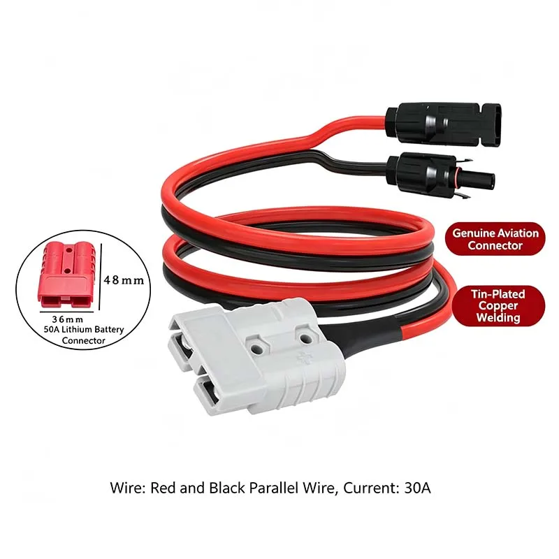 50A Anderson-to-PV Power Cable, 10 AWG, High-Power Red and Black Twin-Conductor Outdoor Power Connection Cable