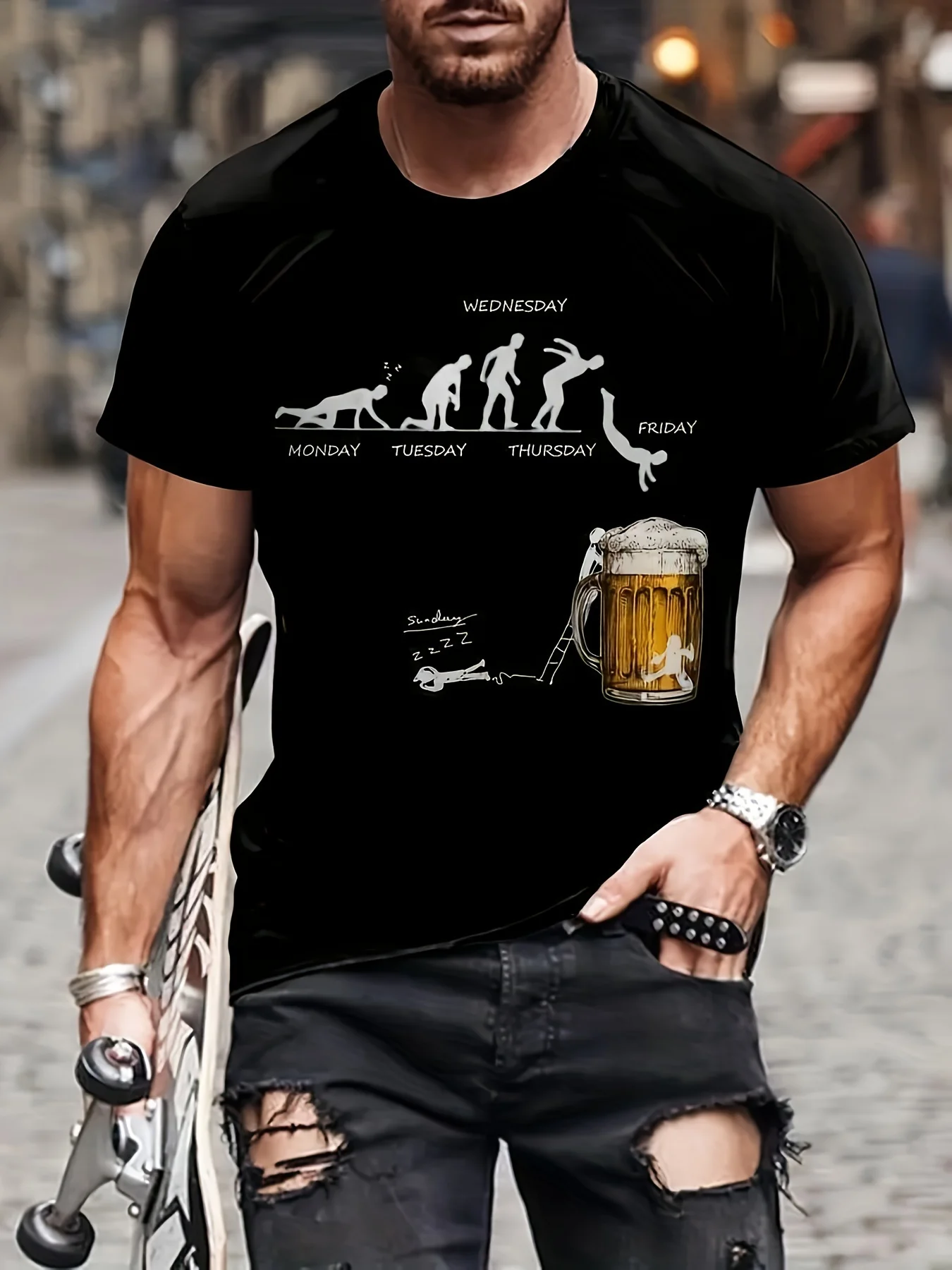 Men's Summer 100 Cotton Fashionable Casual Loose Large Fun Beer Pattern Printed Sports Round Neck Short Sleeve T-shirt Top image 3