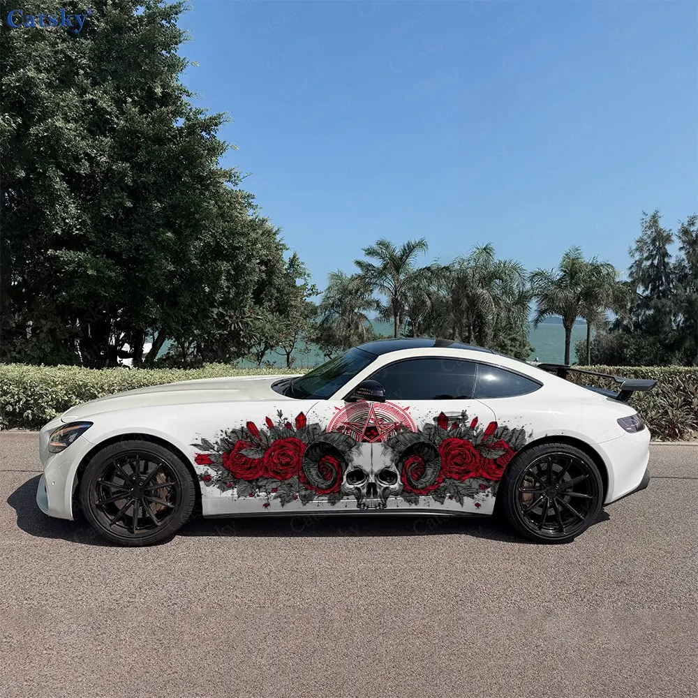 2pcs Gothic Dark Ram Skull & Rose Car Side Wraps, Self-Adhesive PVC Waterproof & Scratch-Resistant Stickers, Car Accessory Gift