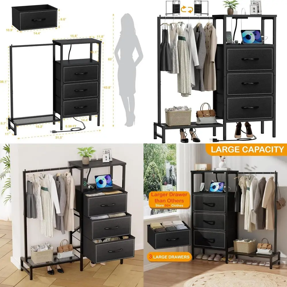 

Modern Bedroom Storage Solutions: Hanging Rack, 3-Drawer Chest, and Entryway Organizer in Black