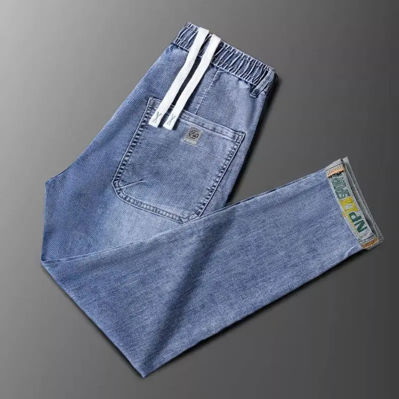 Korean Popular Clothes New Jeans Luxury Men Soft Jeans Men's Slim-fit Drawstring Elastic High-end Casual Elastic Long Pants