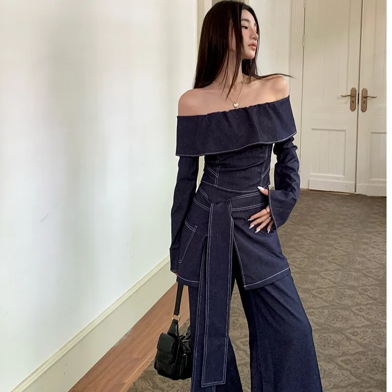 Denim Tops Cover Up Wide Leg Pants Set Women Work Casual One-shoulder T-shirt Wide High Waist Baggy Jeans Retro Three Piece Set