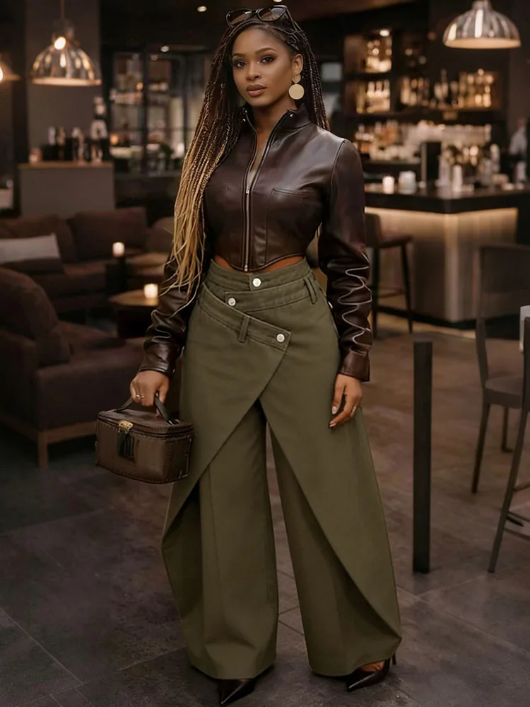 Doyerl Streetwear Denim Jeans Woman Pants and Trousers Vintage Criss Cross Button High Waist Loose Wide Leg Pants Pantalon Femme
