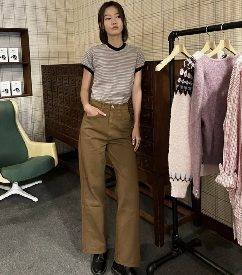 

Футболка с эффектом похудения ort Sve в вертикальную полоску, винтажные хлопковые прямые брюки с высокой талией, женская мода