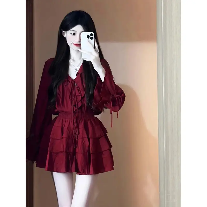 Korejepo Red Sexy Hottie Strap Top Skirt Women Early Autumn Light Mature Style New French Waist Slim Ruffle Suits Women 2024