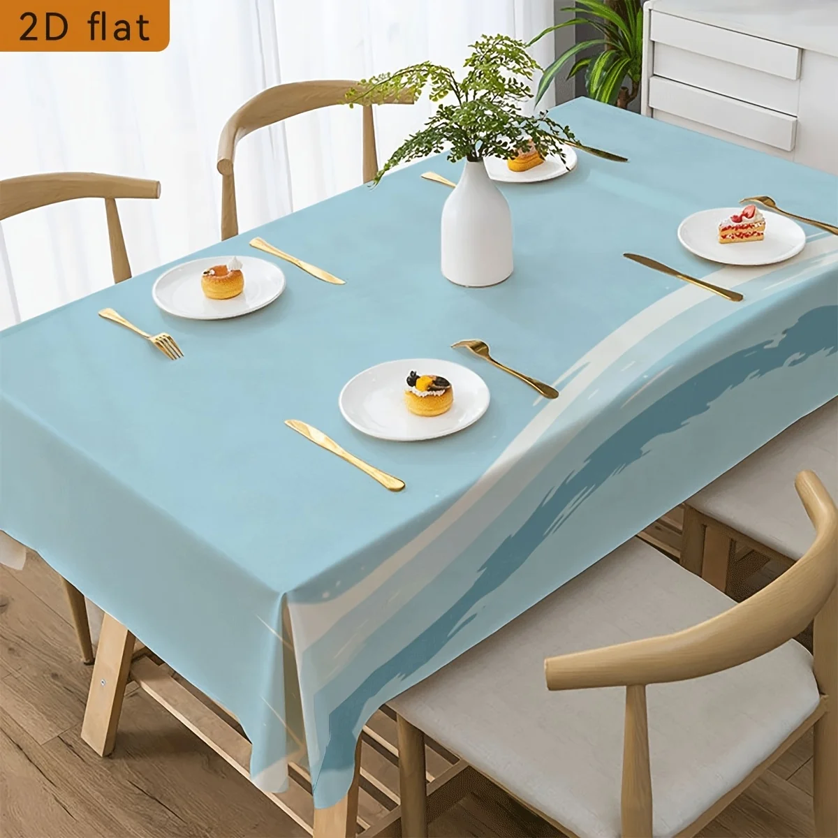 Coastal Style Tablecloth, Light Blue Base With Abstract Sea Wave Art Print, Rectangular Table Cover for Kitchen & Dining Decor