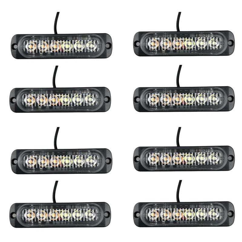 2X 12-24V Highlight Single Row 6LED Truck Warning Light Motorcycle Modified Flashing Light Strobe Light 4Pcs-White+Blue