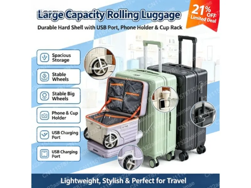 24 Inch Side Open Suitcase with Oversized Wheels Lightweight Travel Luggage Durable Hardshell Spinner Case for Trips