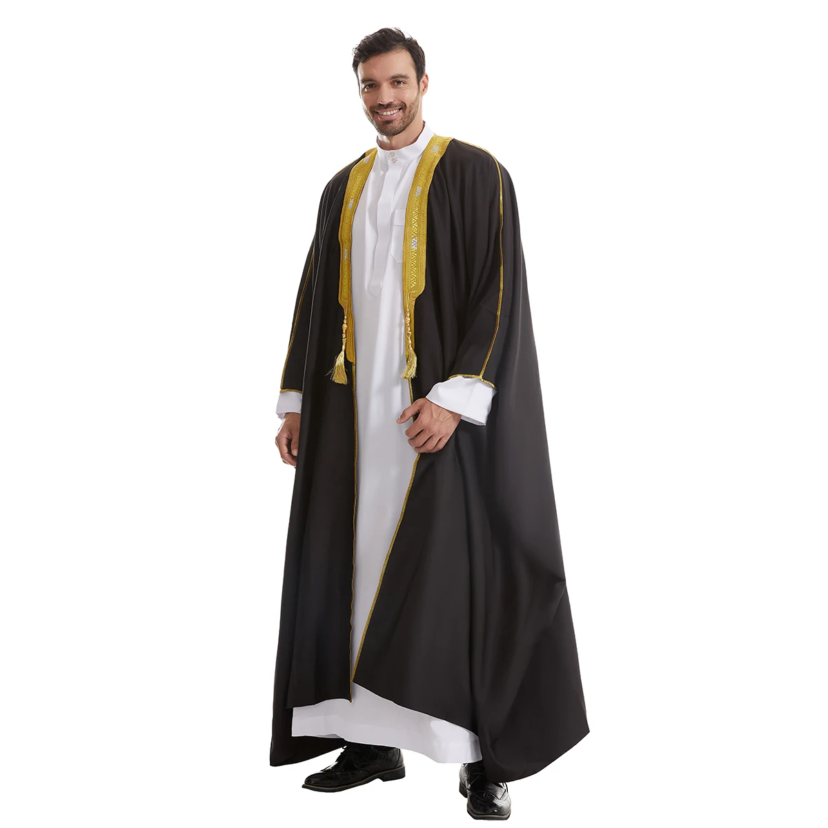Muslim Men Long Sleeves PureColor Tassel Embroidery Cardigan Robe Arab Male Adult Ankle Length Bisht Thobe Ramadan Eid Clothes
