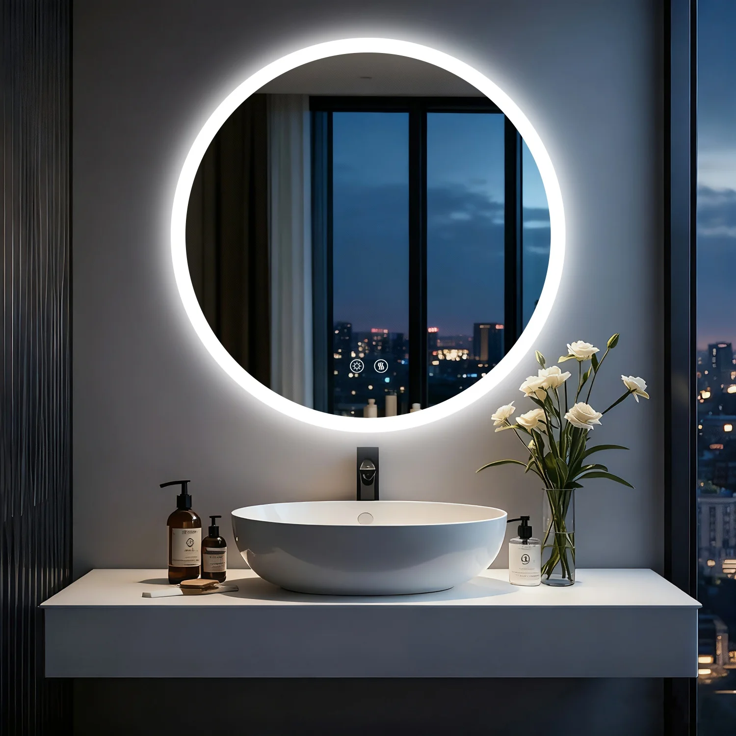50/60/70/80CM LED Round Bathroom Mirror Anti-Fog, Dimmable, Backlit Vanity Mirror for Wall 3 Colors, Memory Function