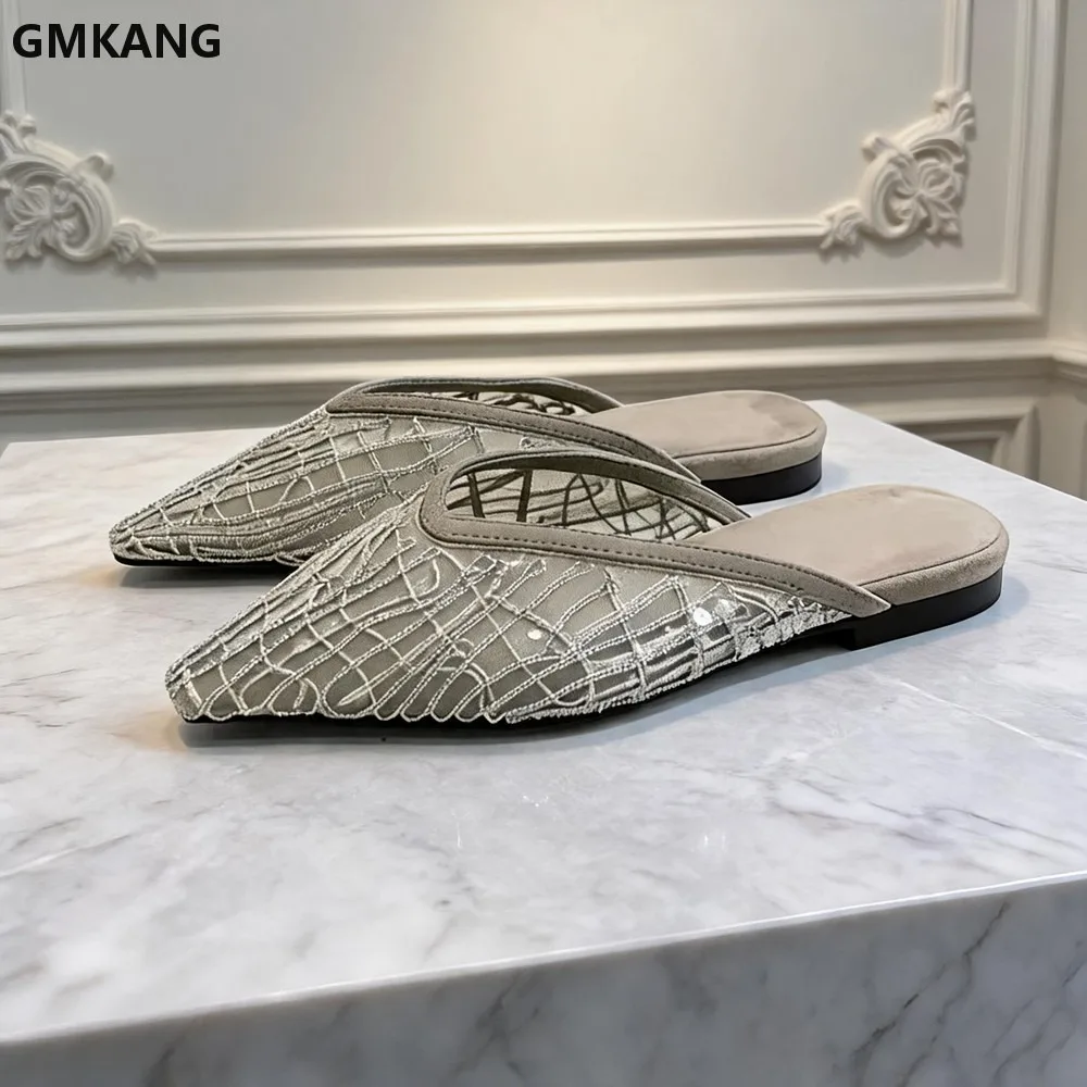 

Women's Summer Slip-on Flat Slippers Square Toe Sequin Mesh Gauze Mules Comfort Breathable Casual Walking Shoes Lightweight