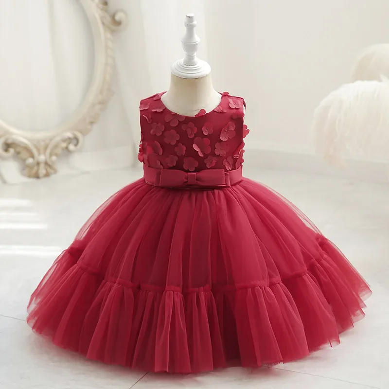 Elegant Flower Petals Baby Girls Party Dress Sleeveless 1st Birthday Wedding Ball Gown for Kids in Summer