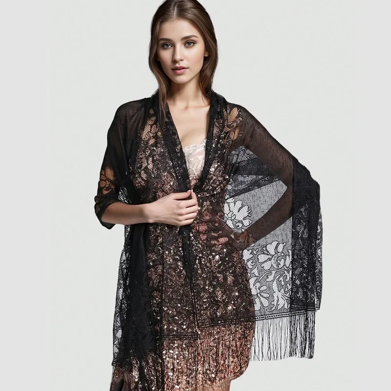 Elegant Lace Tassel Shawl for Evening Dresses, Weddings & Beach - Versatile Women's Fashion Accessory
